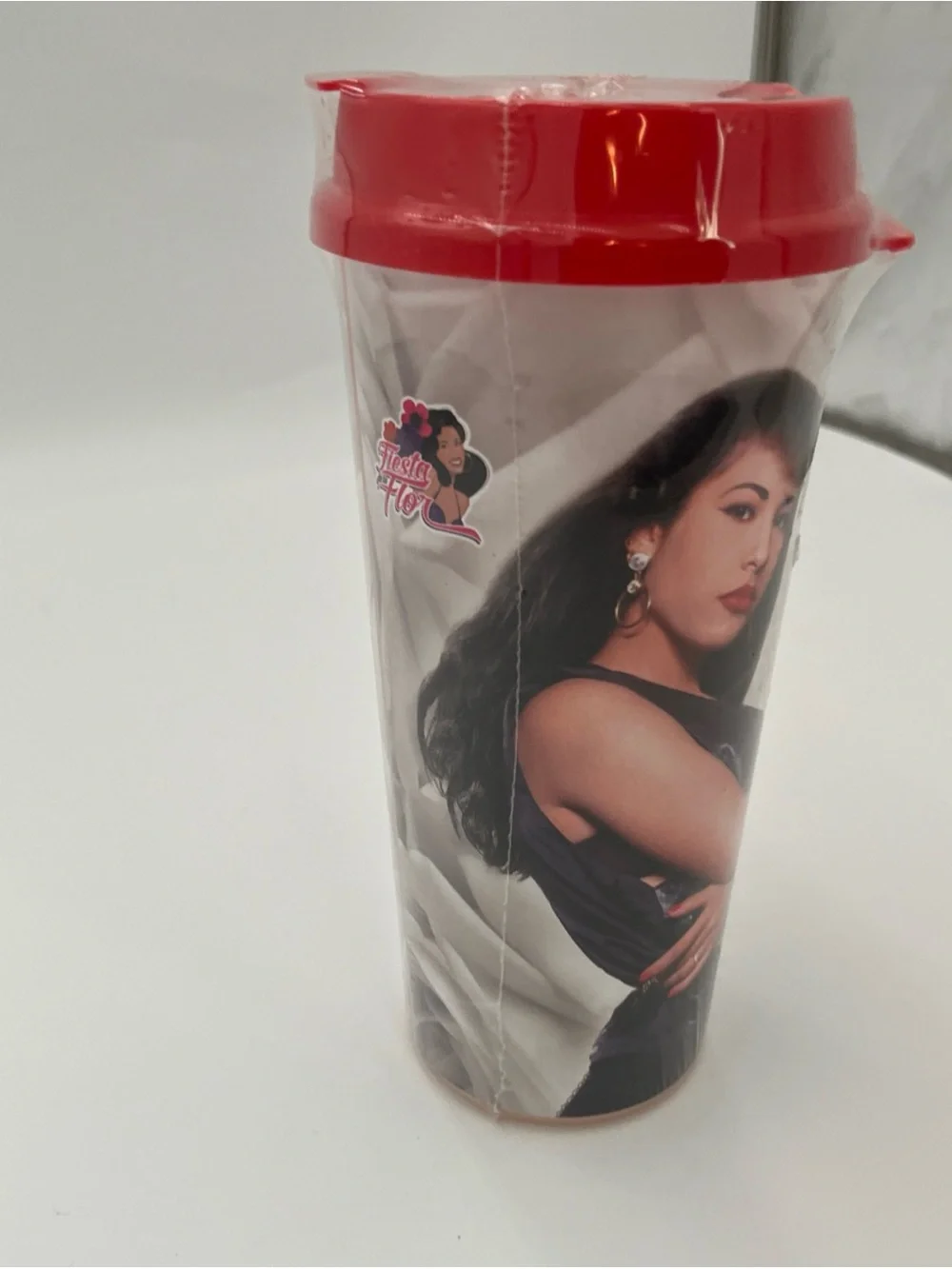 Selena Rose Print Travel Tumbler with Red Lid